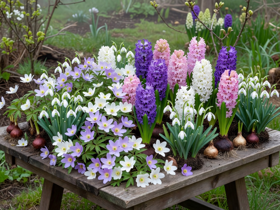 Display of seasonal Danish spring bulbs including snowdrops, anemones, and hyacinths