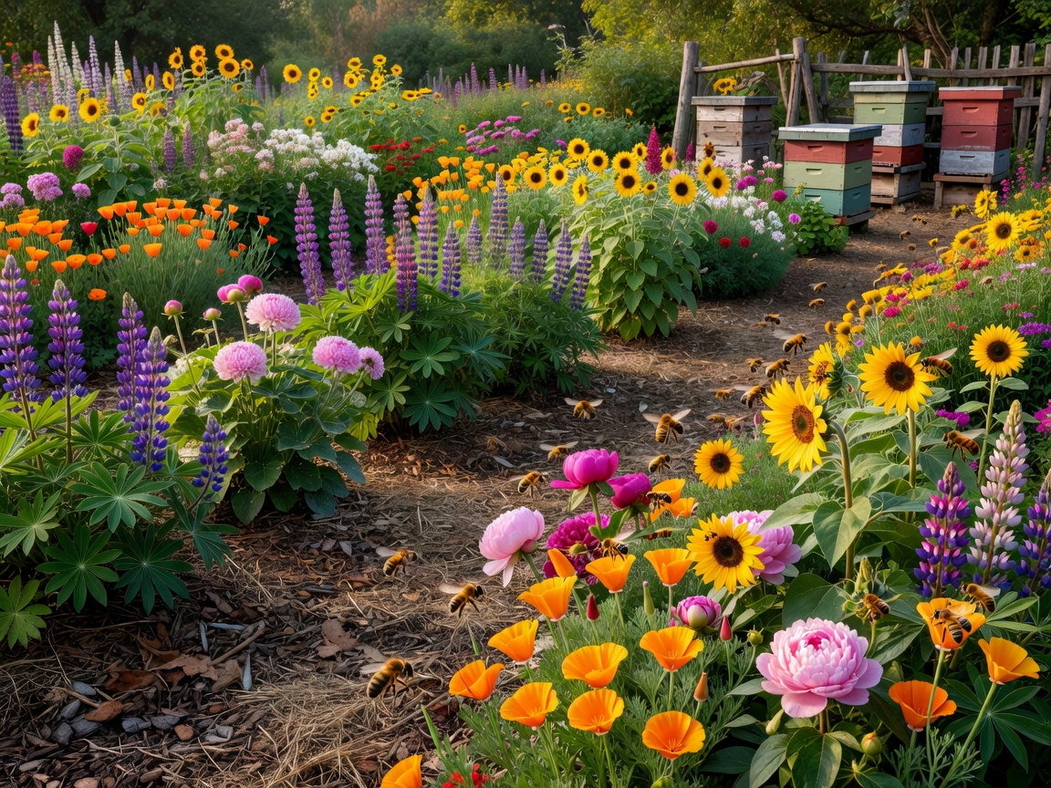 Eco-conscious organic cut flower garden with natural mulch and local bee hives