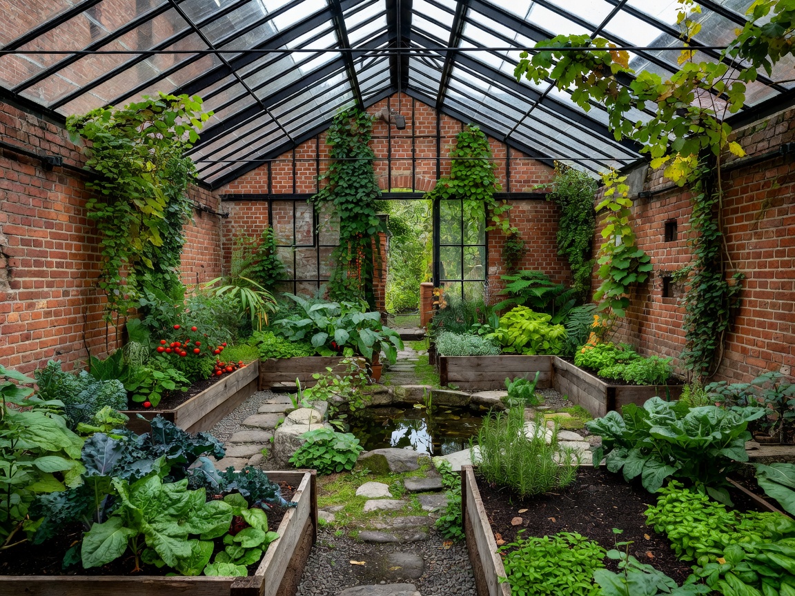 Historic brick industrial greenhouse architecture in Copenhagen transformed into an urban garden