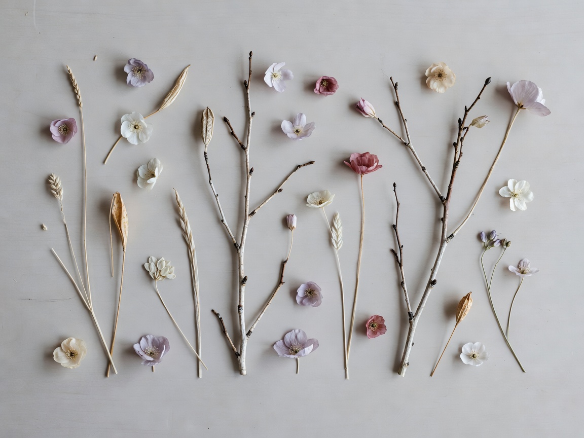 Minimalist arrangement of Scandinavian branches, seed pods, and muted blossoms