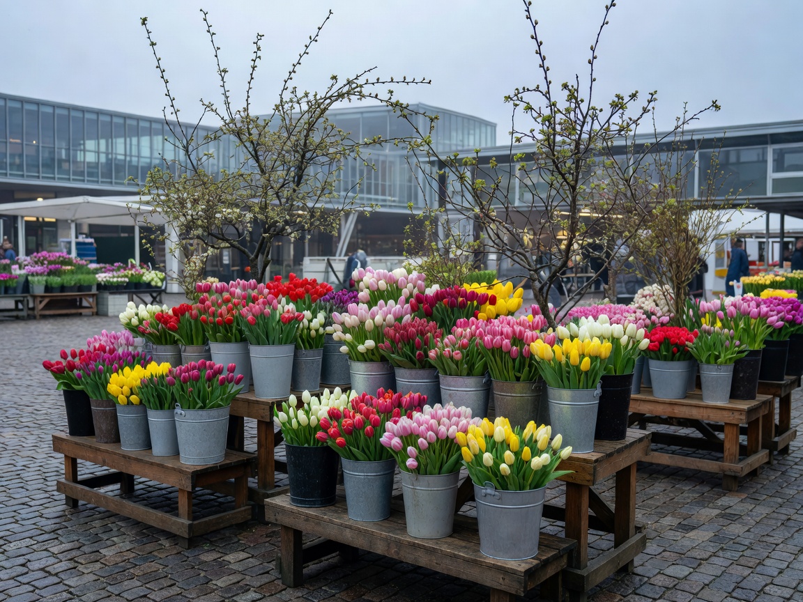 Outdoor floral stands with bucketed tulips and branches at Torvehallerne Copenhagen