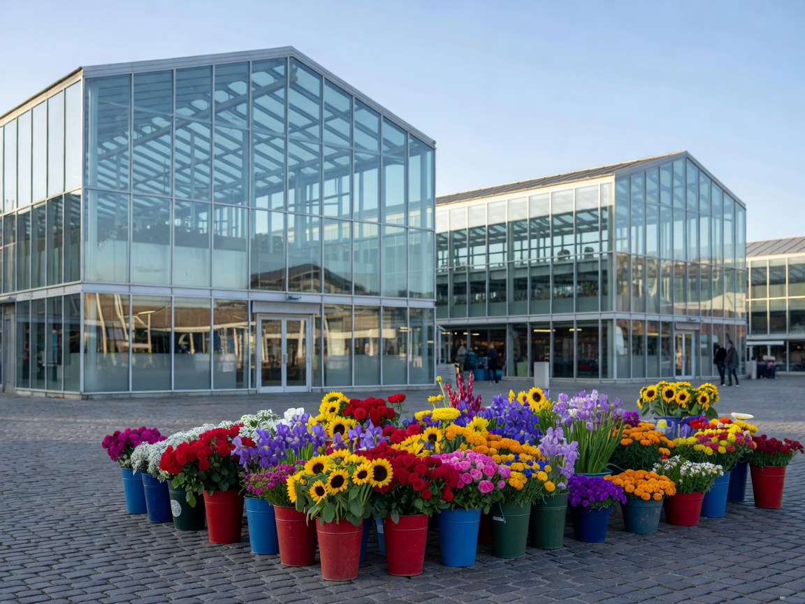 Outdoor view of glass market pavilions and colorful flower buckets at Torvehallerne in Copenhagen