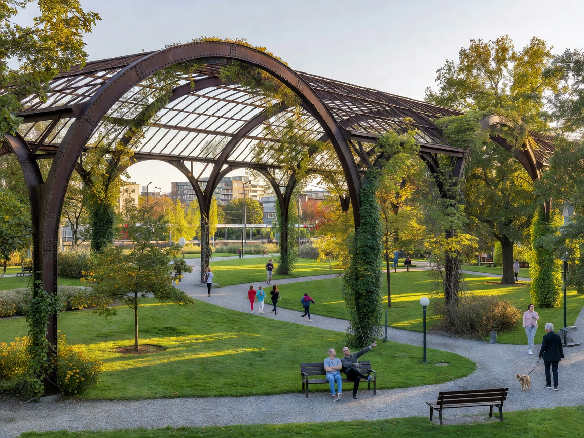 Preserved industrial steel arches of the historic market greenhouse integrated into an urban public park in Valby