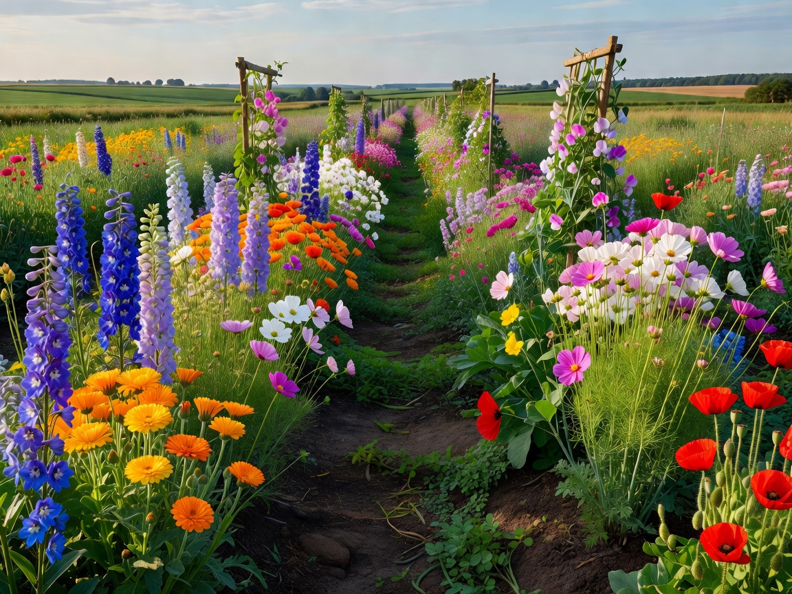 Row of open-pollinated chemical-free organic cut flowers growing on a regenerative farm in Denmark
