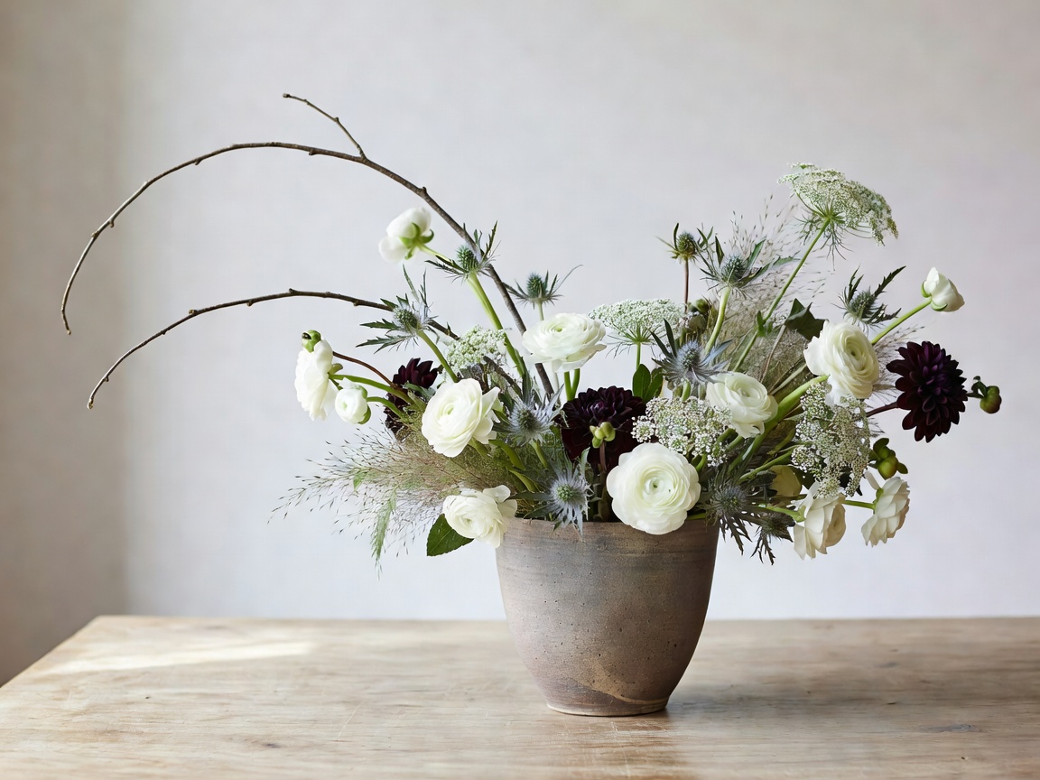 Sculptural asymmetrical Danish floral arrangement in unglazed stoneware vessel