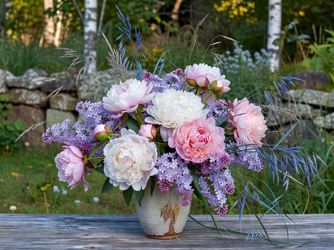 Seasonal array of Scandinavian garden flowers including peonies, lilac, and wild grasses